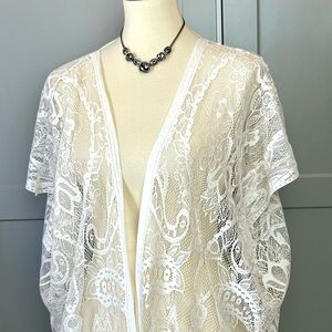 CG Couture Gems Lace Womens OS Kimono Beige Coverup Short Sleeve Long Open Front